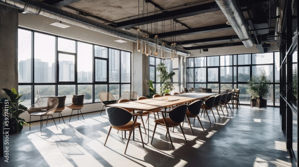 A bright and airy co-working space with floor-to-ceiling windows that let in plenty of natural light created with Generative AI