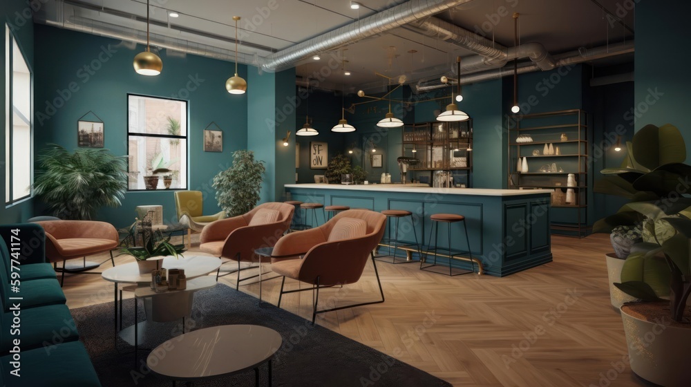 A bright and cheerful coworking space with a mix of formal and informal seating areas created with Generative AI