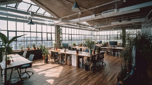 A bright and airy co-working space with floor-to-ceiling windows that let in plenty of natural light created with Generative AI