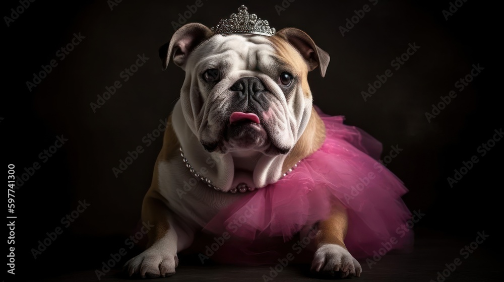 A bulldog with a pink tutu and tiara posing for the camera created with Generative AI
