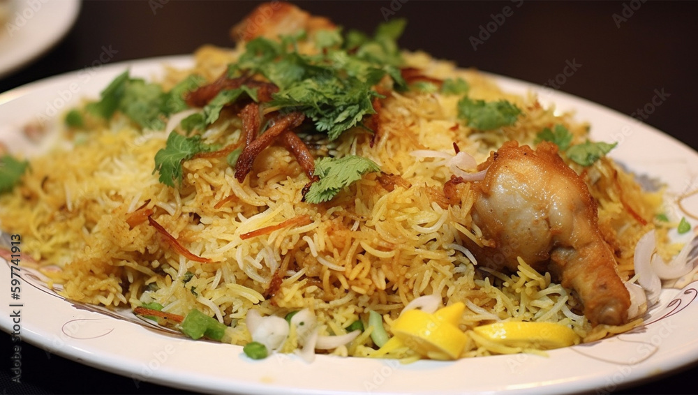 A plate of biryani with a bunch of food on it , Generative AI A plate of biryani with a bunch of food on it , Generative AI
