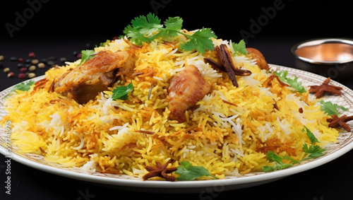 A plate of biryani with a bunch of food on it , Generative AI