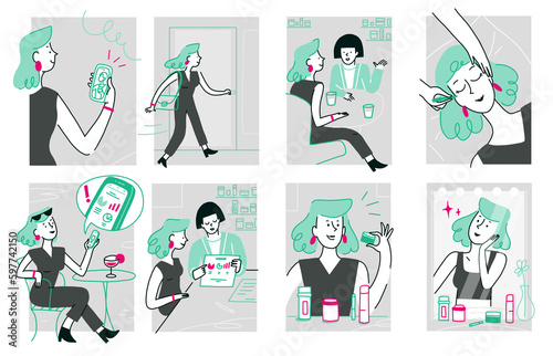 Illustrated Storyboard showing a woman going to a beauty clinic,  shopping, and using cosmetic and the smartphone photo