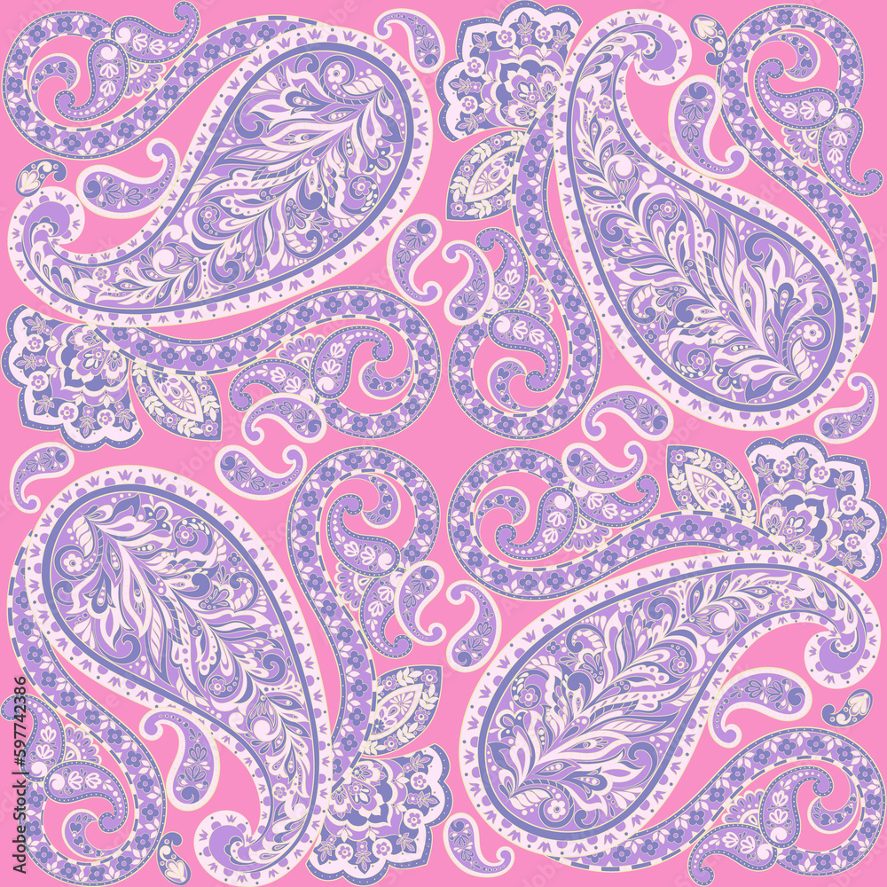 Floral seamless pattern with paisley ornament. illustration in asian textile style