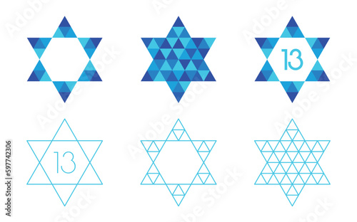 Star of David with a triangle mosaic pattern on white background. Vector illustration. Bar Mitzvah abstract icons.