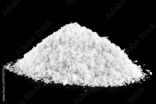 Isolated image of white fluffy snow on a black background. Christmas night.