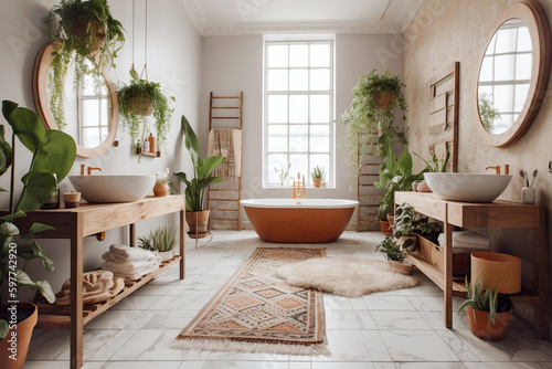 Boho interior design of modern bathroom with greenery. Created with generative AI
