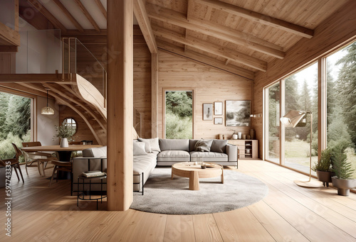 Interior design of modern living room in wooden house among the trees. Created with generative AI photo