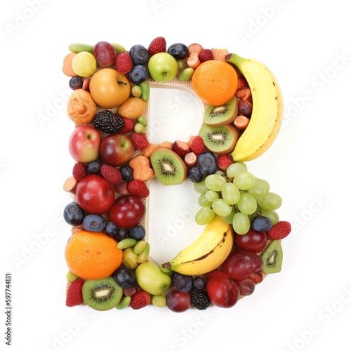  alphabet A, B, C, D, F, G, H, J, K, L, M, N, P, Q, R, S, T, V, X, Z, fruit, food, orange, apple, grape, grapes, fruits, isolated, fresh, healthy, red, green, white, diet, citrus, generative ai © Eugene