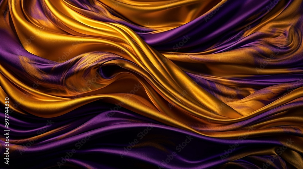 Abstract, texture, background, pattern. Texture of Bright Gold and Purple Silk Waves Background. Generative Ai