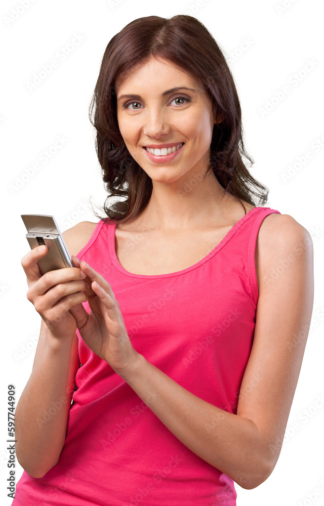 Smiling Young Woman Holding a Mobile Phone - Isolated