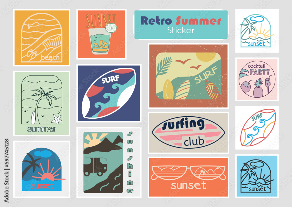 A collection of stickers for the summer season or holidays. Isolated vector illustrations in retro, vintage style. A set for tags, labels, emblems with the inscriptions Summer, surfing, beach, sunset.