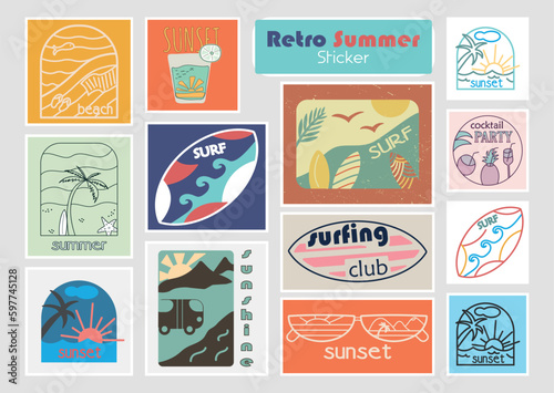 A collection of stickers for the summer season or holidays. Isolated vector illustrations in retro, vintage style. A set for tags, labels, emblems with the inscriptions Summer, surfing, beach, sunset.