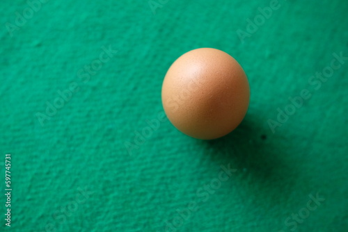 Photo of a chicken egg with a green background