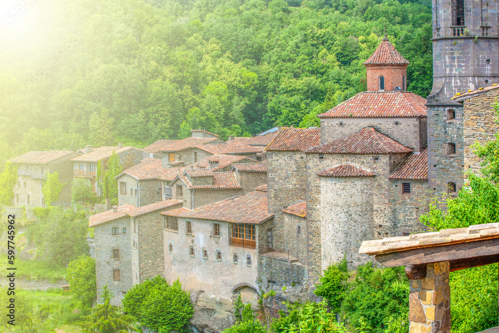Rupit, a medieval village in the middle of nature on soft sun light, Catalonia, Osona.