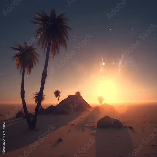 Generative AI illustrations  Dark palm trees silhouettes on colorful tropical ocean sunset background 