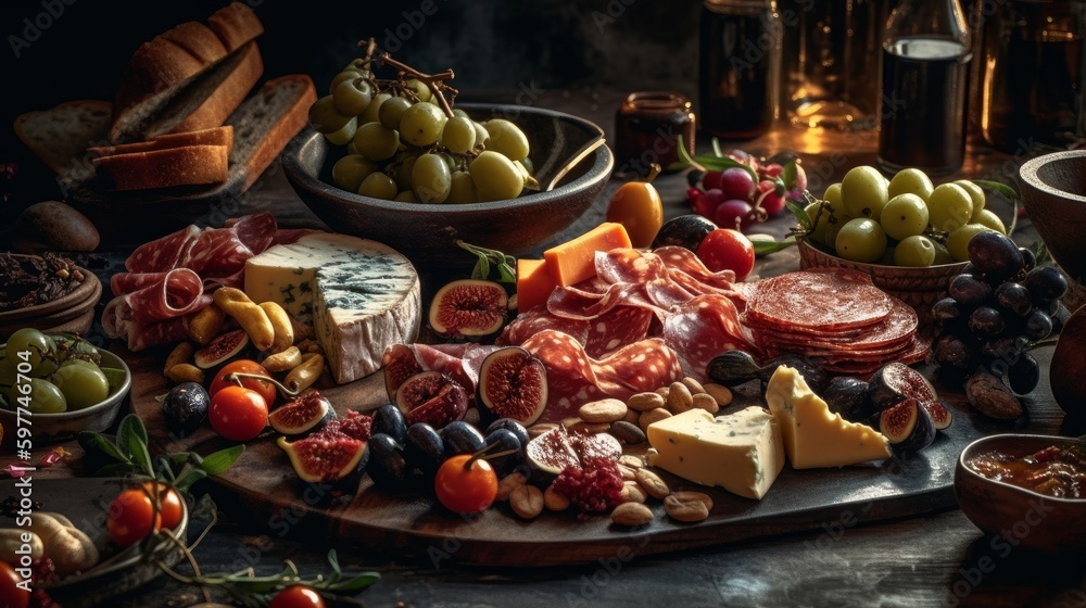 Beautifully arranged traditional Italian antipasto platter, featuring a variety of cheeses, olives, and cured meats, presented on a slate board. A feast for the eyes and taste buds. Generative AI. - obrazy, fototapety, plakaty 