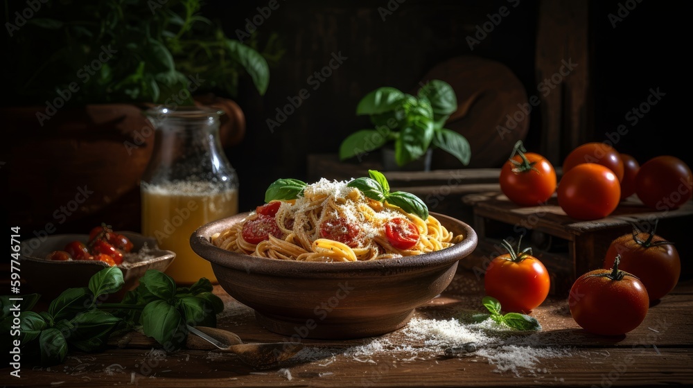 Rustic and flavorful Italian pasta dish with fresh basil, cherry tomatoes, and parmesan, on a wooden table in a Mediterranean and modern kitchen with black elements. Generative AI.