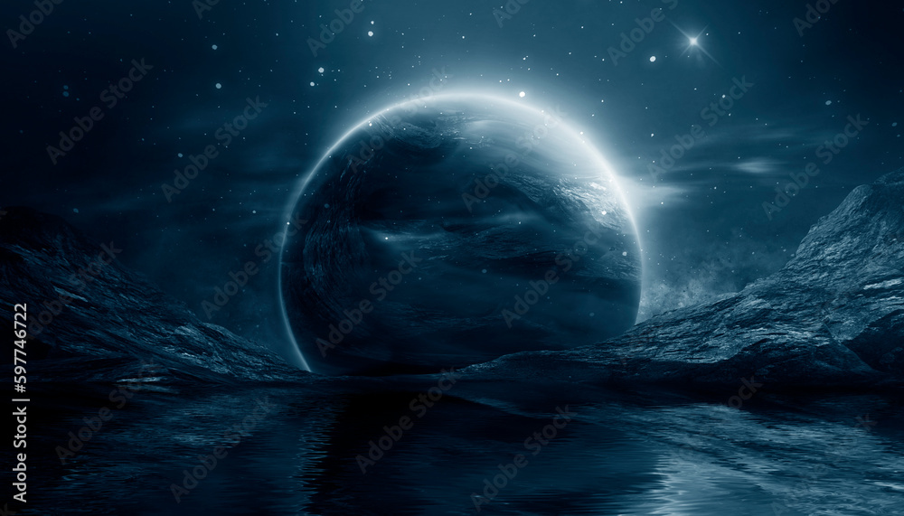 Futuristic fantasy landscape, sci-fi landscape with planet, neon light, cold planet. Galaxy, unknown planet. Dark natural scene with light reflection in water. Neon space galaxy portal. 3d 