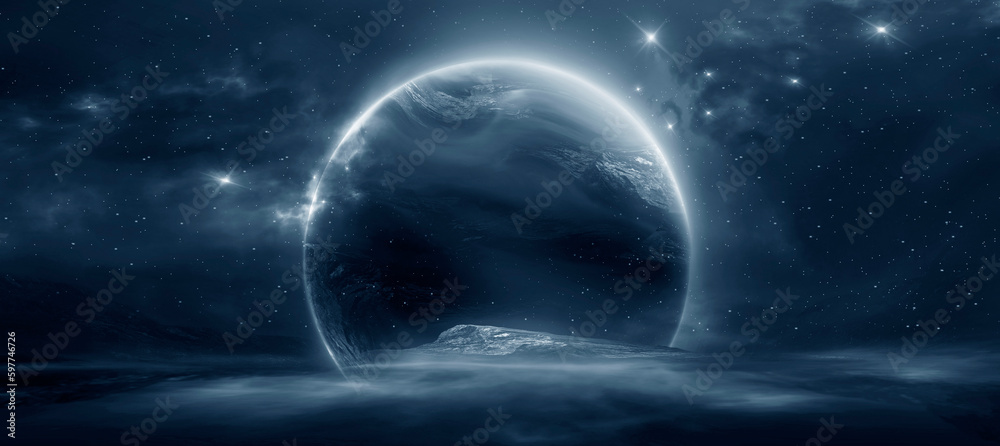 Fototapeta premium Futuristic fantasy landscape, sci-fi landscape with planet, neon light, cold planet. Galaxy, unknown planet. Dark natural scene with light reflection in water. Neon space galaxy portal. 3d 