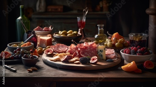 Beautifully arranged traditional Italian antipasto platter, featuring a variety of cheeses, olives, and cured meats, presented on a slate board. A feast for the eyes and taste buds. Generative AI.