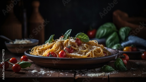Rustic and flavorful Italian pasta dish with fresh basil, cherry tomatoes, and parmesan, on a wooden table in a Mediterranean and modern kitchen with black elements. Generative AI.