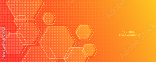 Orange gradient abstract background with halftone effect and hexagons shape. vector illustration