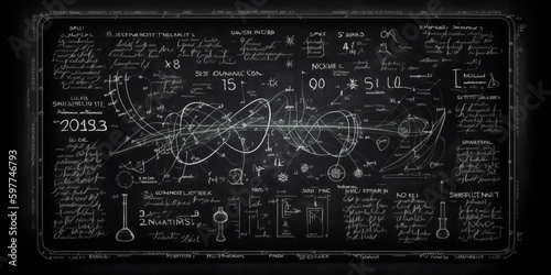 Scientific formula written on a blackboard, with symbols and equations revealing the secrets of the universe. A brilliant mind at work. Generative AI.