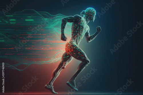 The man runs in motion. human brain and body. glowing Green lines. neural connections. artificial intelligence, cyberspace. AI Generative