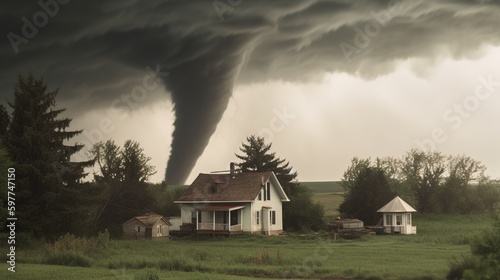 A house in a field with a tornado in the background, generative ai photo