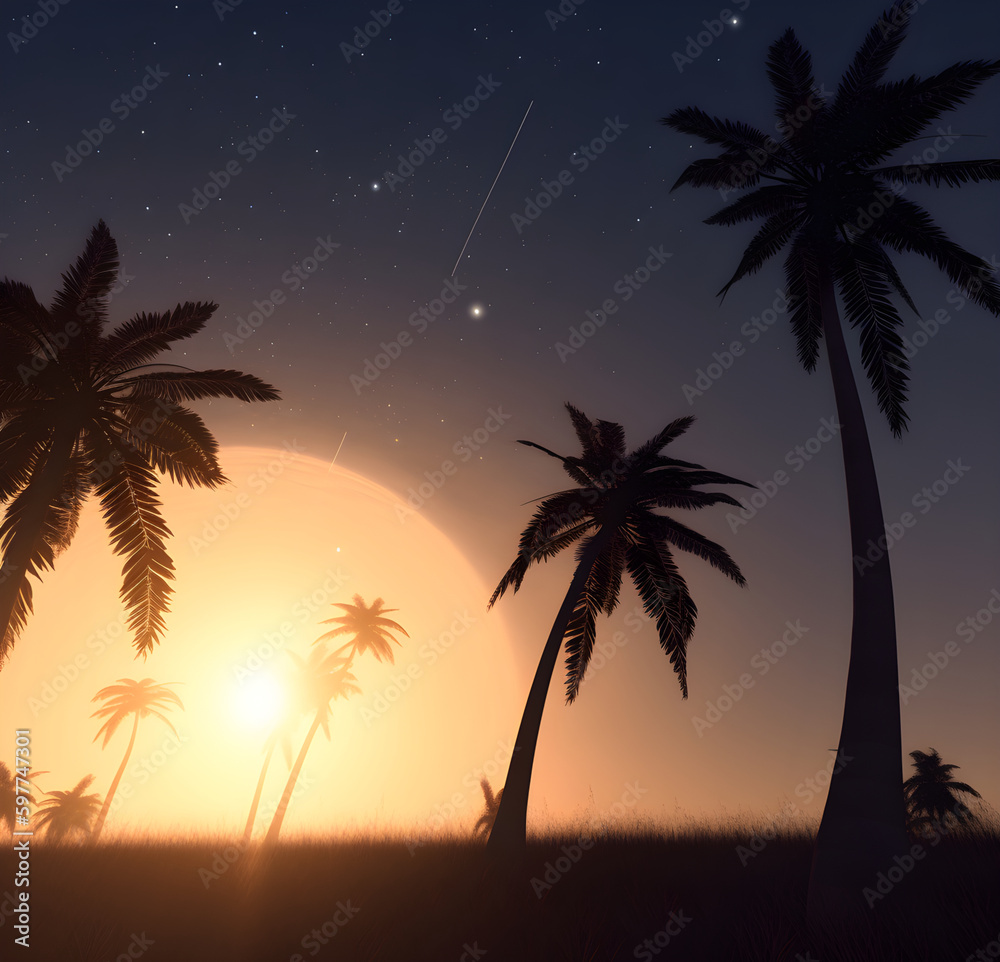 Generative AI illustrations, Dark palm trees silhouettes on colorful tropical ocean sunset background,