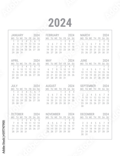 2024 Calendar Printable US Letter Size 8.5x11 Monday Start Planner Diary Template Transparent Background
