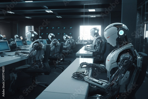 Humanoid robot working in modern smart office, future technology concept 3d rendering, toned image © Gallery BD