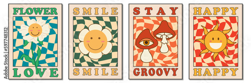 Collection groovy posters set 70s. Retro poster with psychedelic flowers and mushrooms, smile face, sun, happy summer or spring. Vintage prints. Flat vector illustration