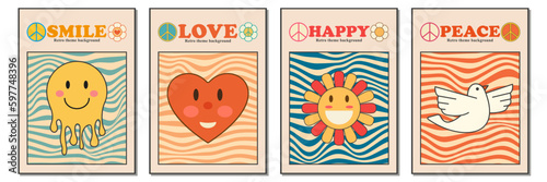 Vintage retro 70s bauhaus design poster vector covers set. Summer, spring, happy, smile. Swiss style colorful geometric compositions, flyers, magazines, music albums