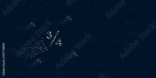 A three quarters symbol filled with dots flies through the stars leaving a trail behind. There are four small symbols around. Vector illustration on dark blue background with stars © Alexey