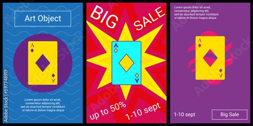 Trendy retro posters for organizing sales and other events. Large ace of diamond card in the center of each poster. Vector illustration on black background