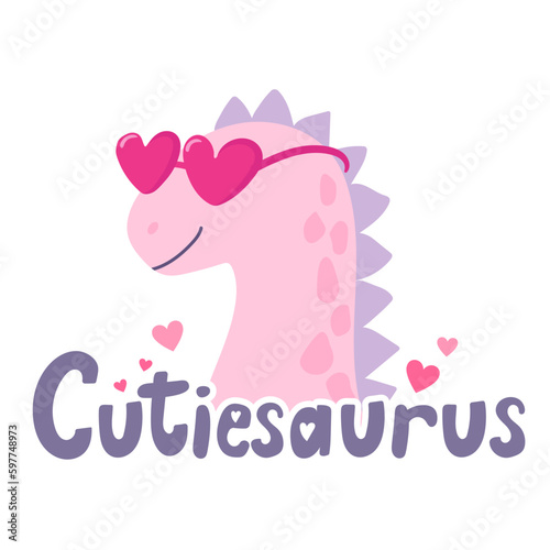 Cutiesaurus funny flat style vector illustration with cute pink dinosaur wearing sunglasses. Cute dinosaur cartoon character isolated on white background with hearts and lettering. Baby tee print