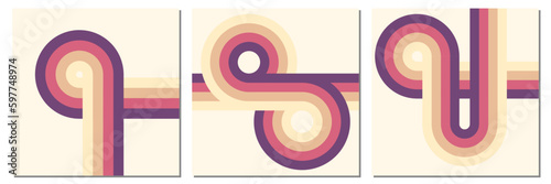 Simple retro vintage 70s background with rounded striped design element in color set. Vector illustration