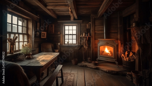Chalet Cozy Interior Wooden cottage and Fireplace in the winter. Rustic Home Design for Warm Indoor Space Alpine Vacation. Modern Cottage Living Room Decor with Wood Wall and Furniture. 