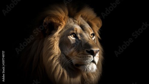 A lion s head is shown against a black background   AI Generative