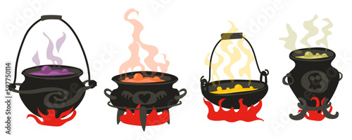A set of witch cauldrons with boiling colored potions. Ancient varieties of boilers with stand over the fire. Old witch boilers on three legs and suspended with steam. Isolated vector illustration