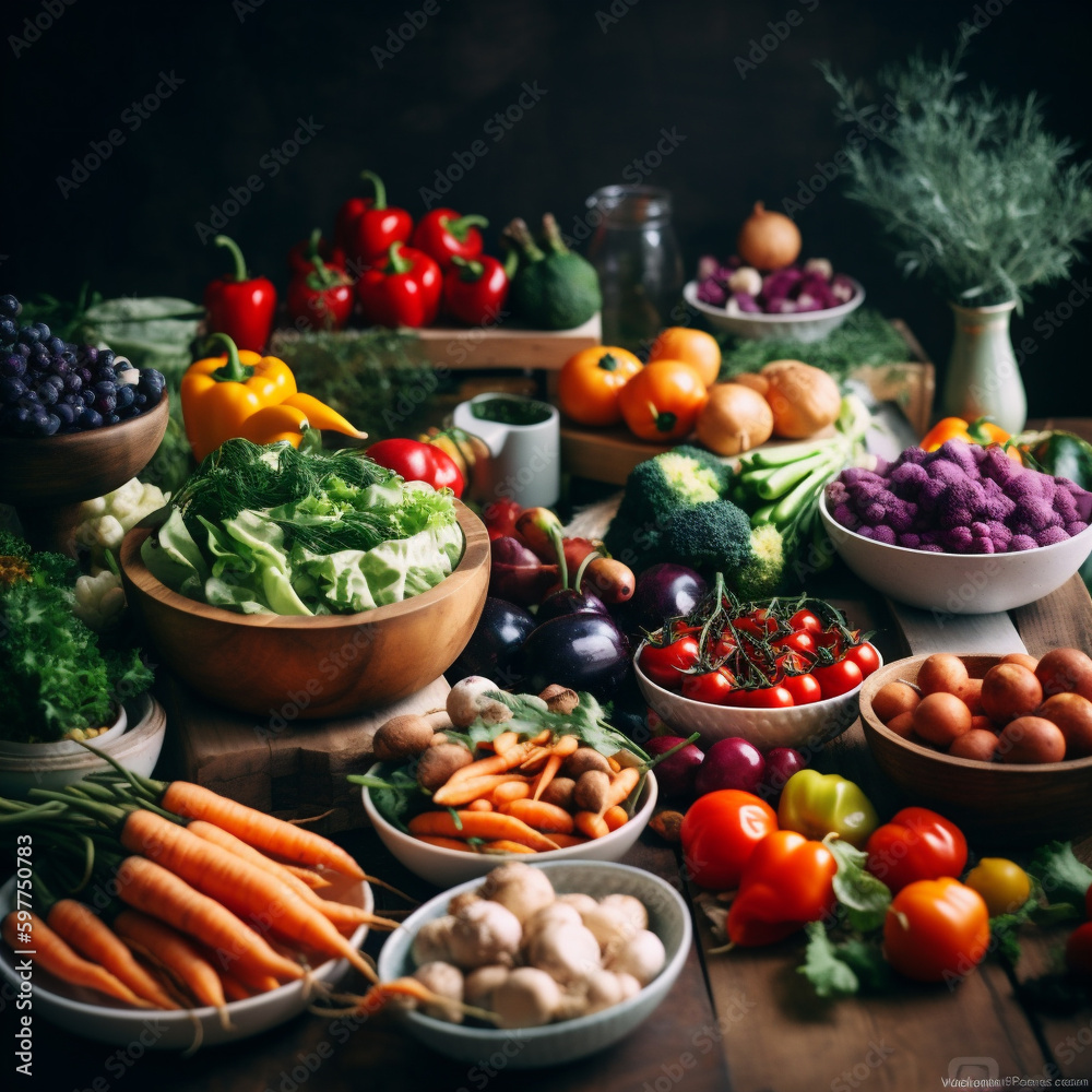 bunter Tisch voller frischem und gesundem Gemüse, AI generiert