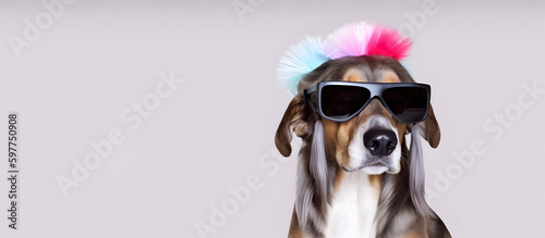 Fashionable Afghan hound dog wearing sunglasses in fairy kei style. © ZayNyi
