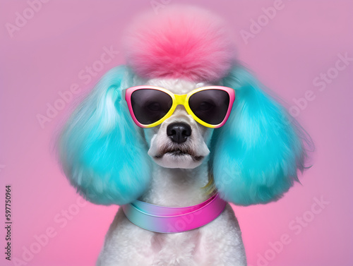 Fashionable poodle pet dog wearing sunglasses. © ZayNyi