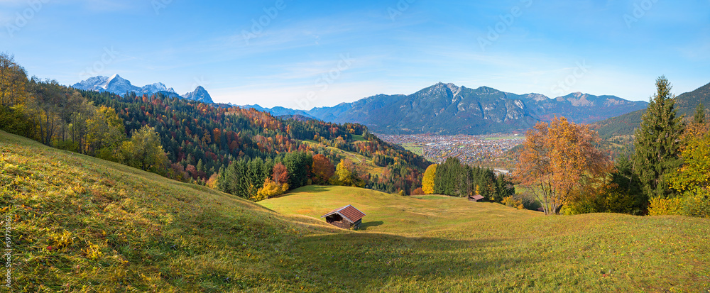 idyllic autumnal landscape near Garmisch, view from Eckbauer hiking trail idyllic autumnal landscape near Garmisch, view from Eckbauer hiking trail