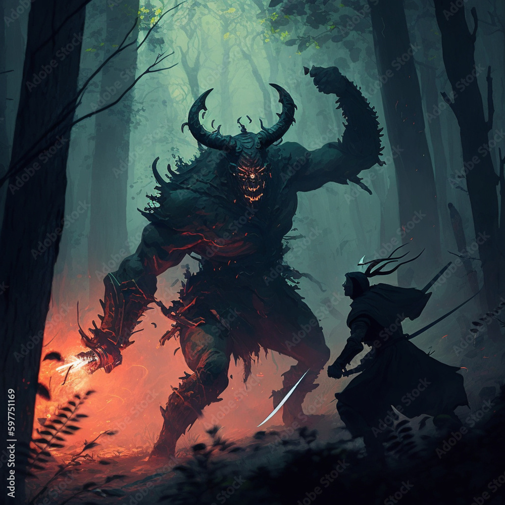 Minotaur demon fight against Samurai Minotaur demon fight against Samurai