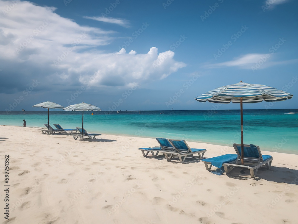 This photo showcases the beauty and tranquility of a beach scene with soft sand, calm turquoise waters, and natural elements like rocks  and seashells. The clear blue sky creates a serene 