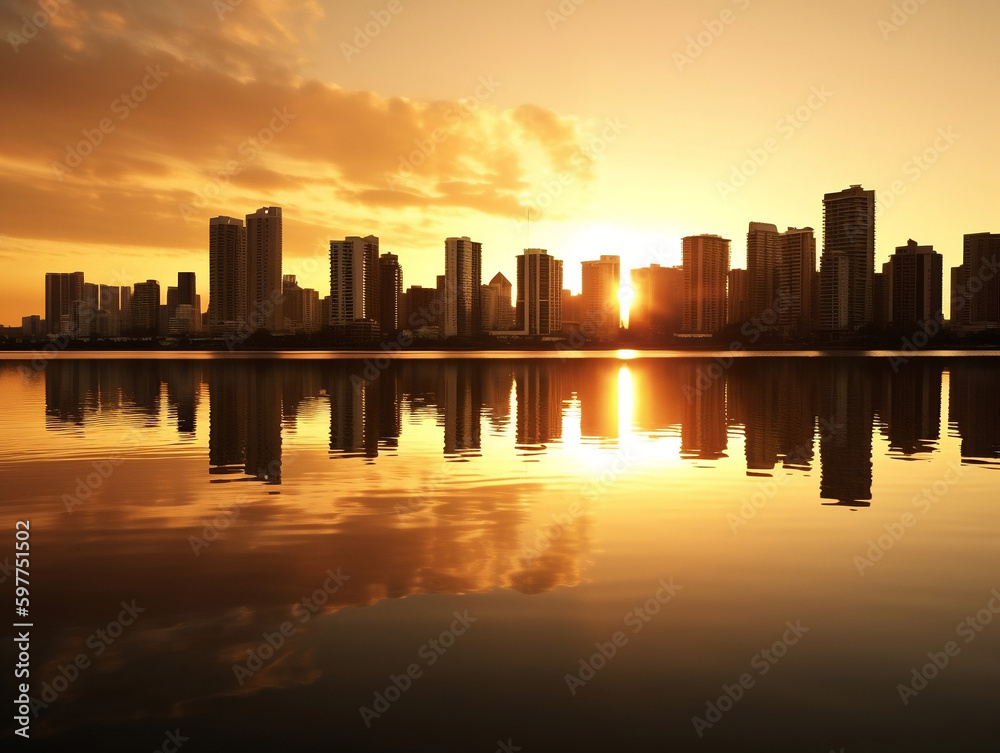 
A breathtaking sunset illuminates a city skyline as it reflects on the calm waters of a river or sea, creating a serene and magical scene.