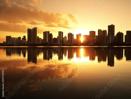  A breathtaking sunset illuminates a city skyline as it reflects on the calm waters of a river or sea, creating a serene and magical scene. © Luca